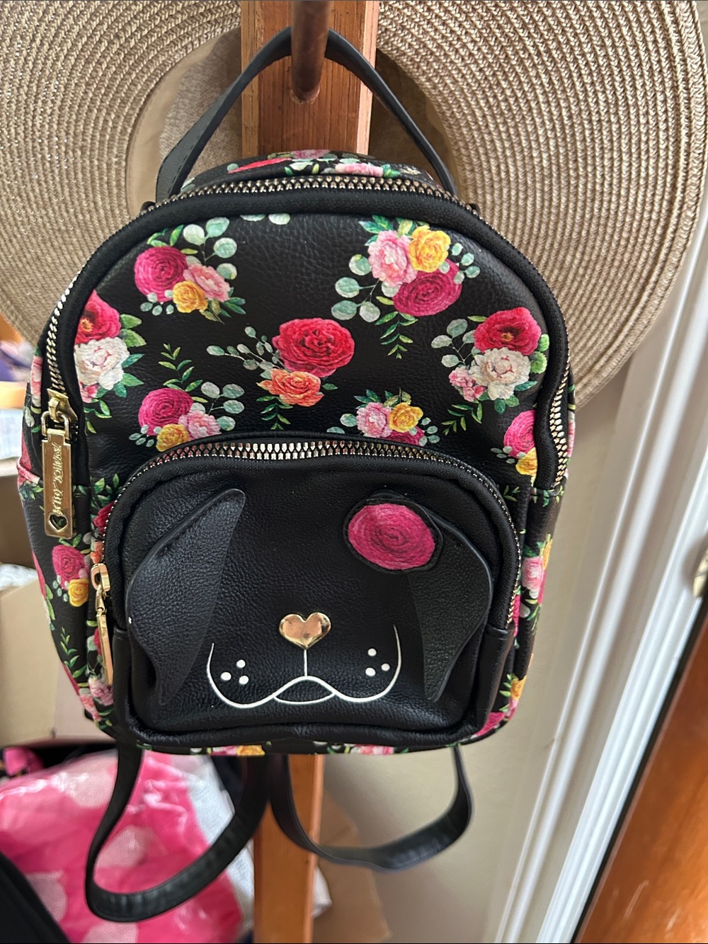 Betsy Johnson Floral Black Mini Backpack with Rose Accent- Have Matching Coin